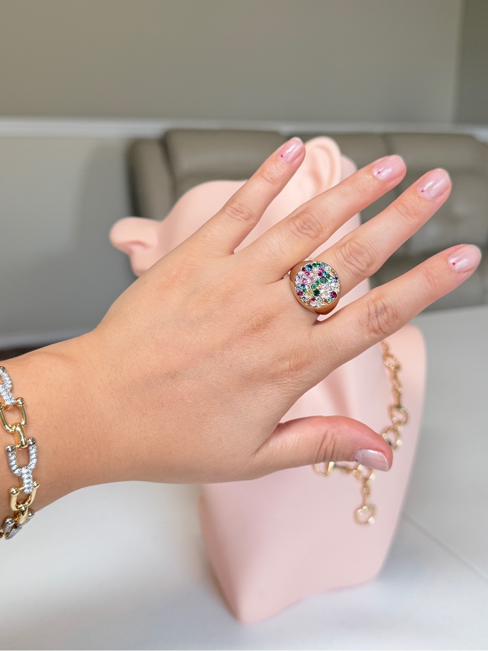Gold-Tone Multicolor Crystal Dome Ring